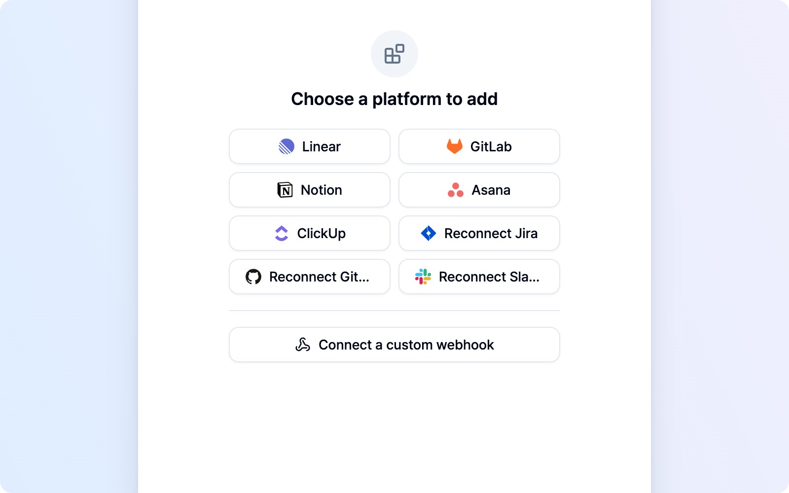 Connect a custom webhook below the divider in Add platform