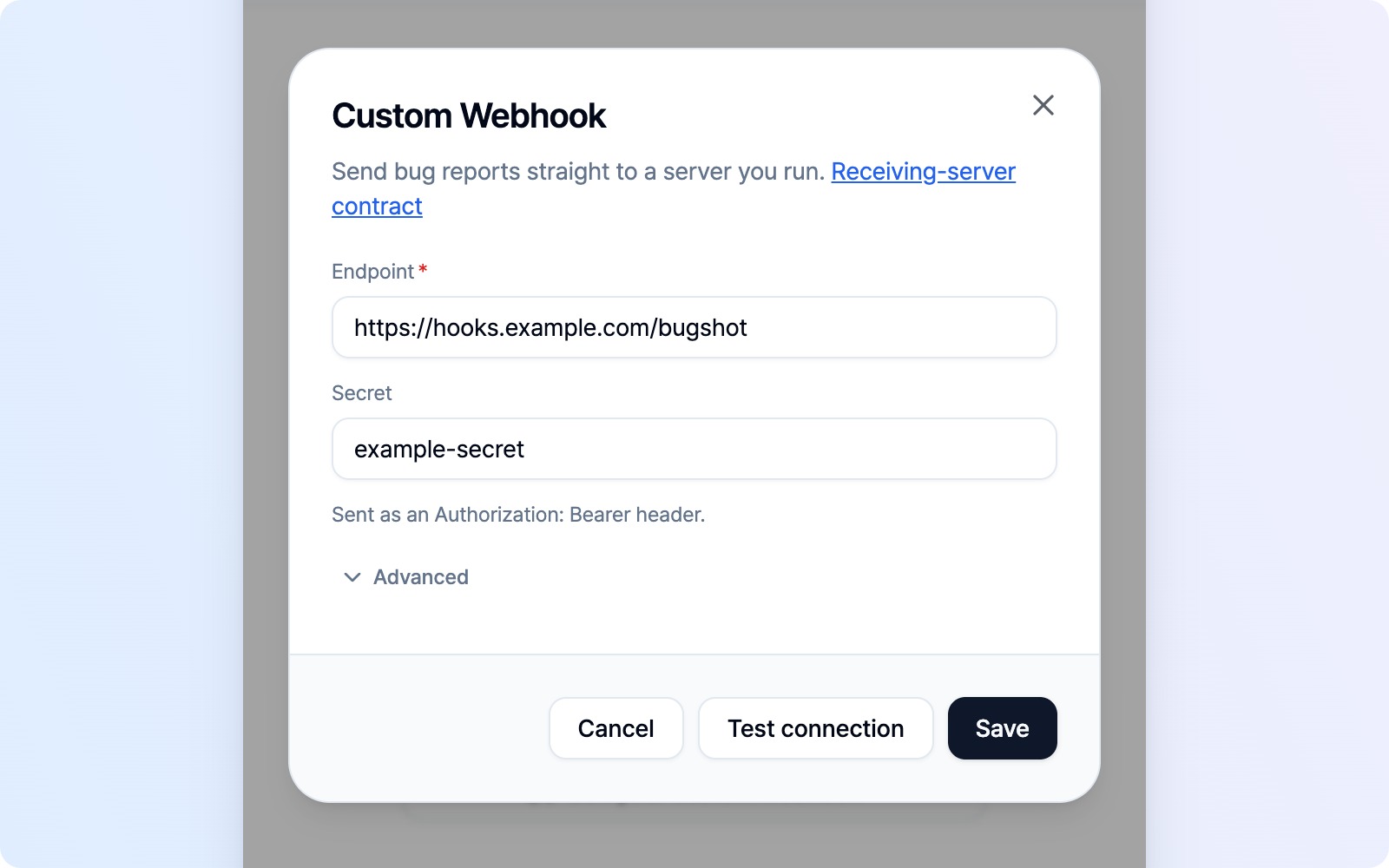 Endpoint and Secret fields, collapsed Advanced settings, and Test connection and Save buttons