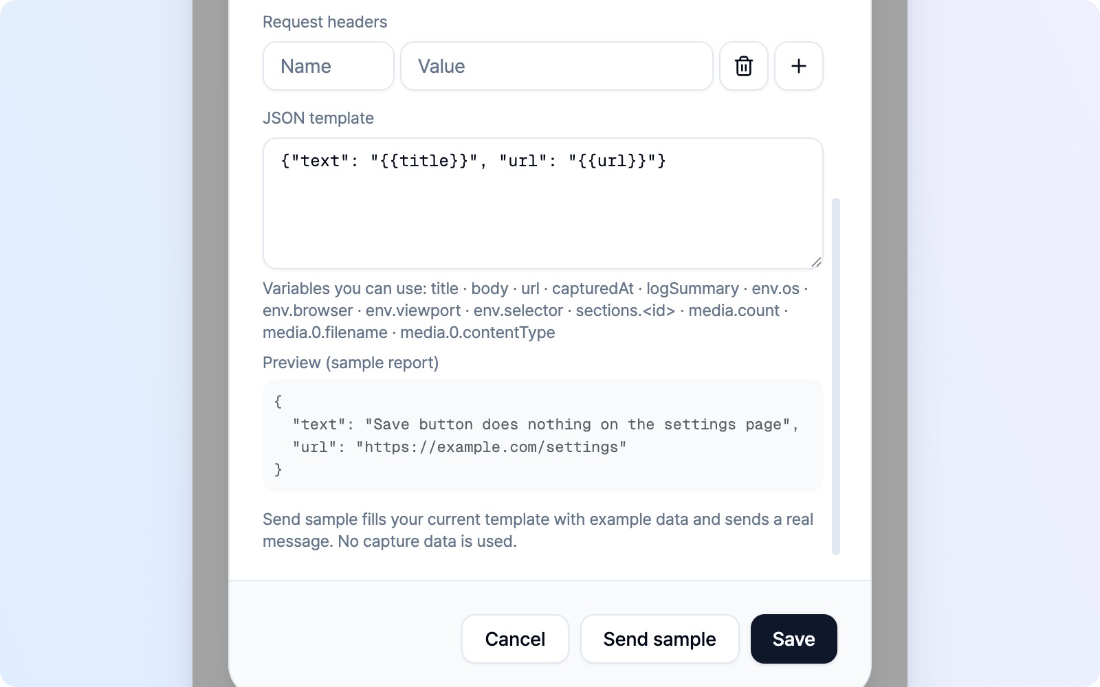 Advanced settings with JSON template selected, request headers, the template, sample preview, and Send sample
